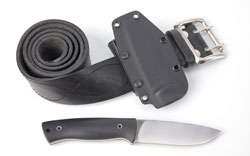 Knife for tourism and hunting with a plastic case on a black leather